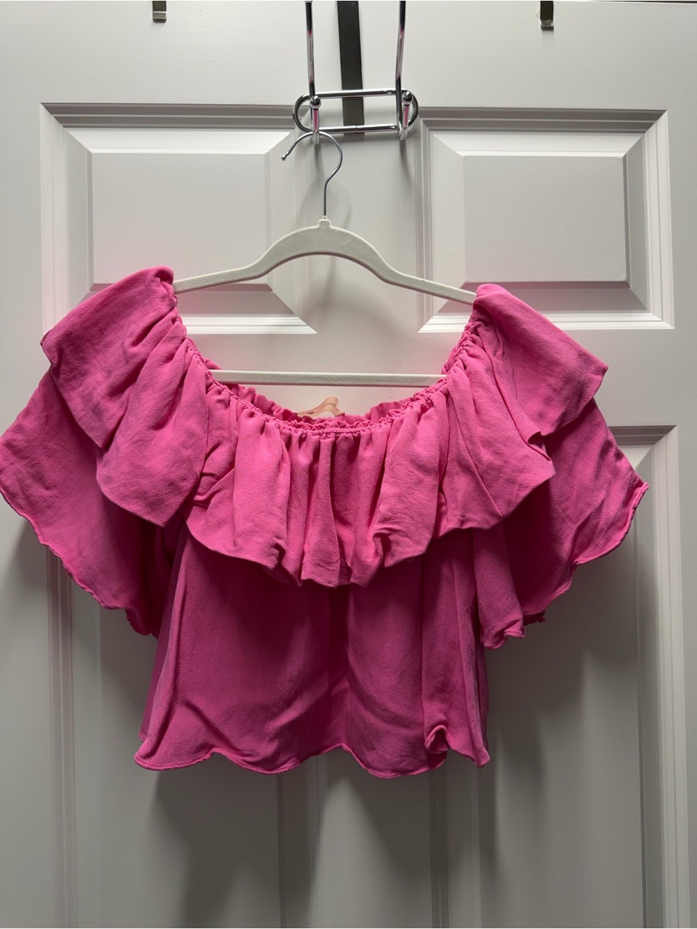 The Impeccable Pig Pink Off-Shoulder Ruffle Crop Top